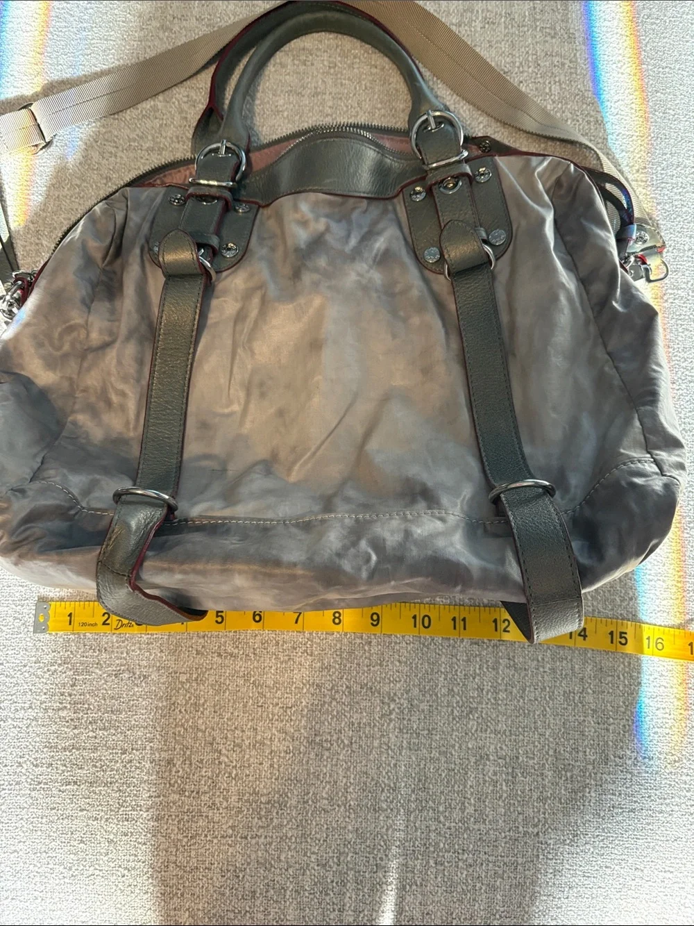 MZ Wallace Metallic Gray Distressed Nylon Leather Satchel Crossbody Bag